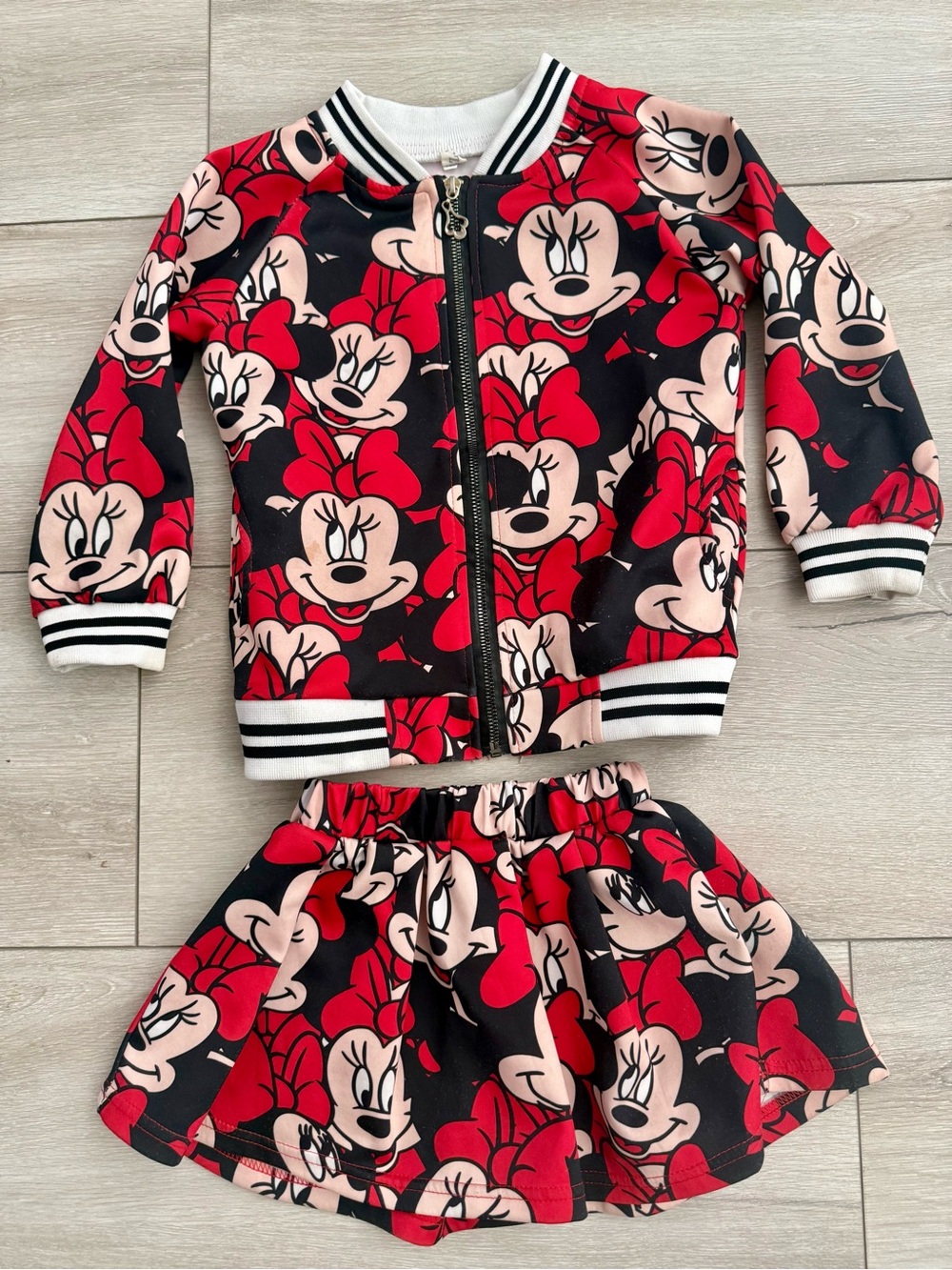 Girls Red Minnie Mouse Bomber Jacket and Skirt Set